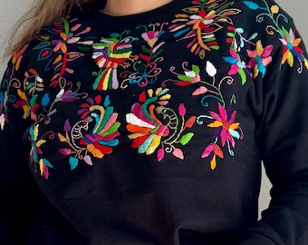 Hand Embroidered Tenango Sweatshirt: Mexican Floral Art