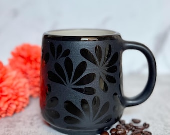 Black Ceramic Talavera Mug: Hand-Painted Mexican Coffee Cup