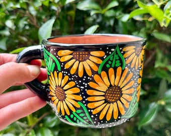 Handmade Sunflower Mug: Hand-painted Ceramic Coffee Cup, Mexican Decor