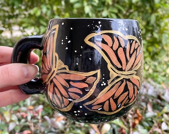 Handmade Monarch Butterfly Mug: Handpainted Ceramic Coffee Cup