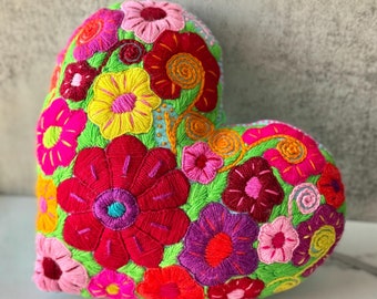 Embroidered Floral Heart Pillow: Colorful Handmade Decor