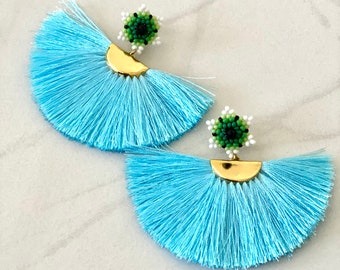 Huichol Beaded Flower Tassel Earrings, Mexican Folk Art