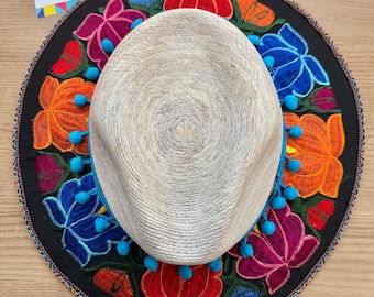 Embroidered Floral Palm Sun Hat: Handmade Mexican Sombrero (Size L)