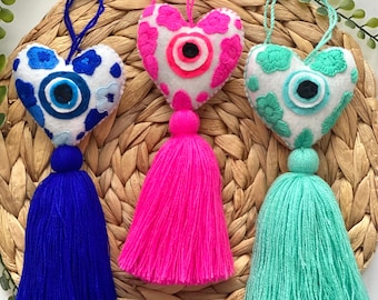 Embroidered Evil Eye Heart Tassel: Boho Bag Charm, Handmade in Mexico