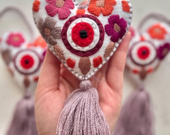 Embroidered Evil Eye Heart Tassel: Boho Bag Charm