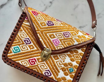 Handmade Tooled Leather Woven Bag: Mexican Crossbody Purse