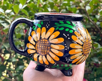 Handmade Sunflower Cauldron Mug: Mexican Ceramic Coffee Cup