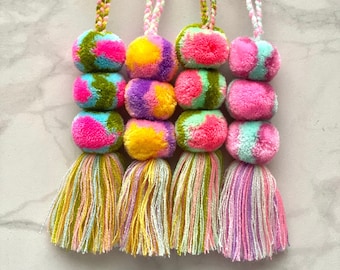 3 pompom tassel, handmade tassels with pompom, bright color tassels, artisan made, Multicolor Tassel, Mexican Accessories, Mothers Day Gift