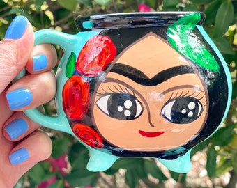 Handmade Frida Kahlo Cauldron Mug, Hand Painted Ceramic, Mexican Art