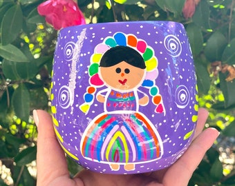 Hand Painted Maria Doll Mug, Otomi Oaxaca, Mexican Folk Art
