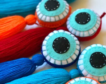 Embroidered Evil Eye Tassel, Colorful Bag Charm, Stocking Stuffer