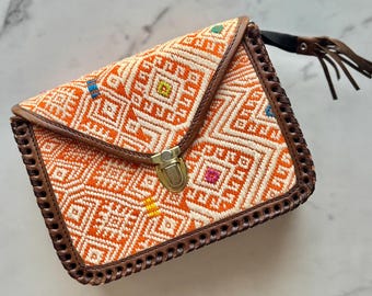 Handmade Tooled Leather Woven Bag: Mexican Crossbody Purse