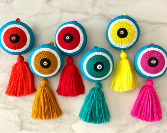 Embroidered Evil Eye Tassel, Bag Accessory, Car Charm