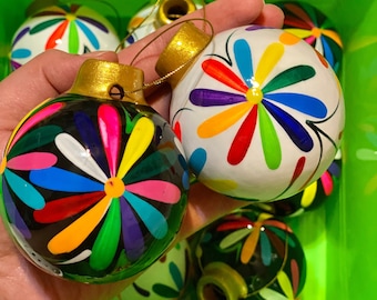 Hand Painted Mexican Christmas Ornaments, Set of 12, Floral Clay Ornaments