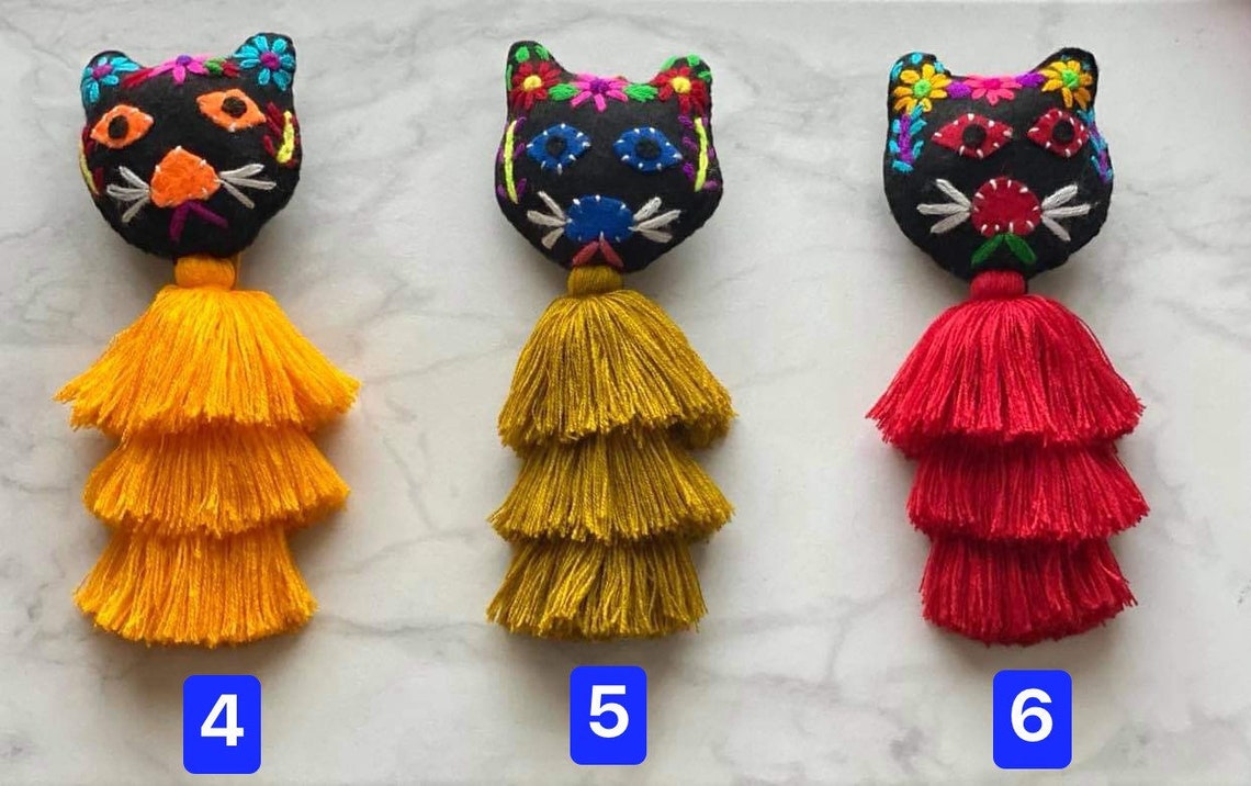 Embroidered Cat Tassel Dia De Los Muertos Gato Cat Gift Etsy