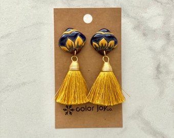 Handmade Ceramic Sunflower Tassel Earrings: Porcelain Dangles