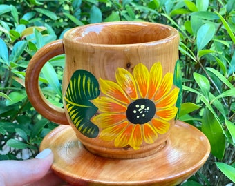 Decorative Sunflower Mug, Handpainted Sunflower Mug, Sunflower decor, Sunflower Gifts, Gift for her, Sunflower Wooden mug, Christmas gift