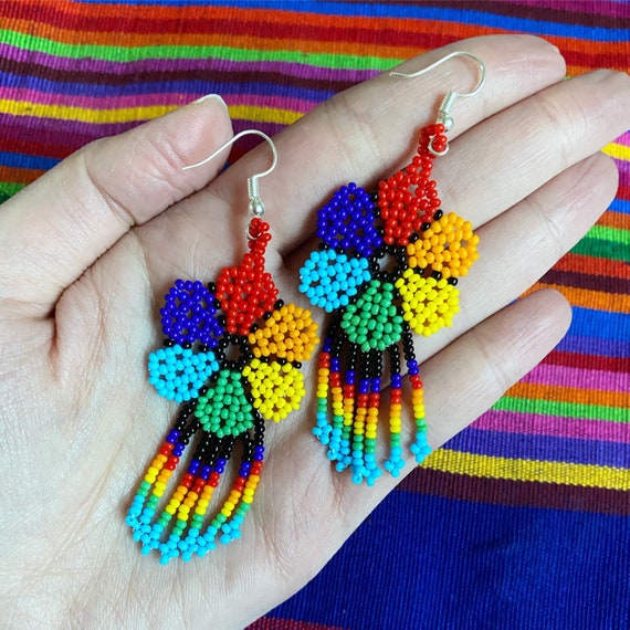 Mexican Huichol Dangle Earrings Chaquira Earrings Beaded