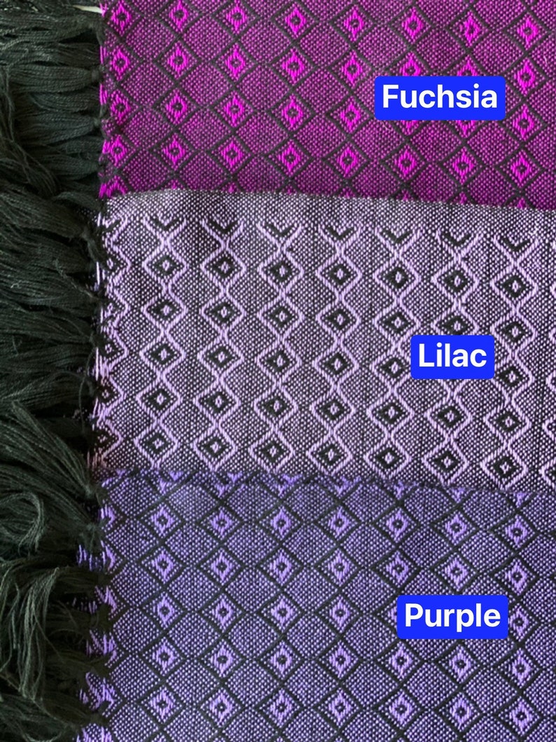 May include: Three fabric swatches with a diamond pattern. The top swatch is fuchsia, the middle swatch is lilac, and the bottom swatch is purple.