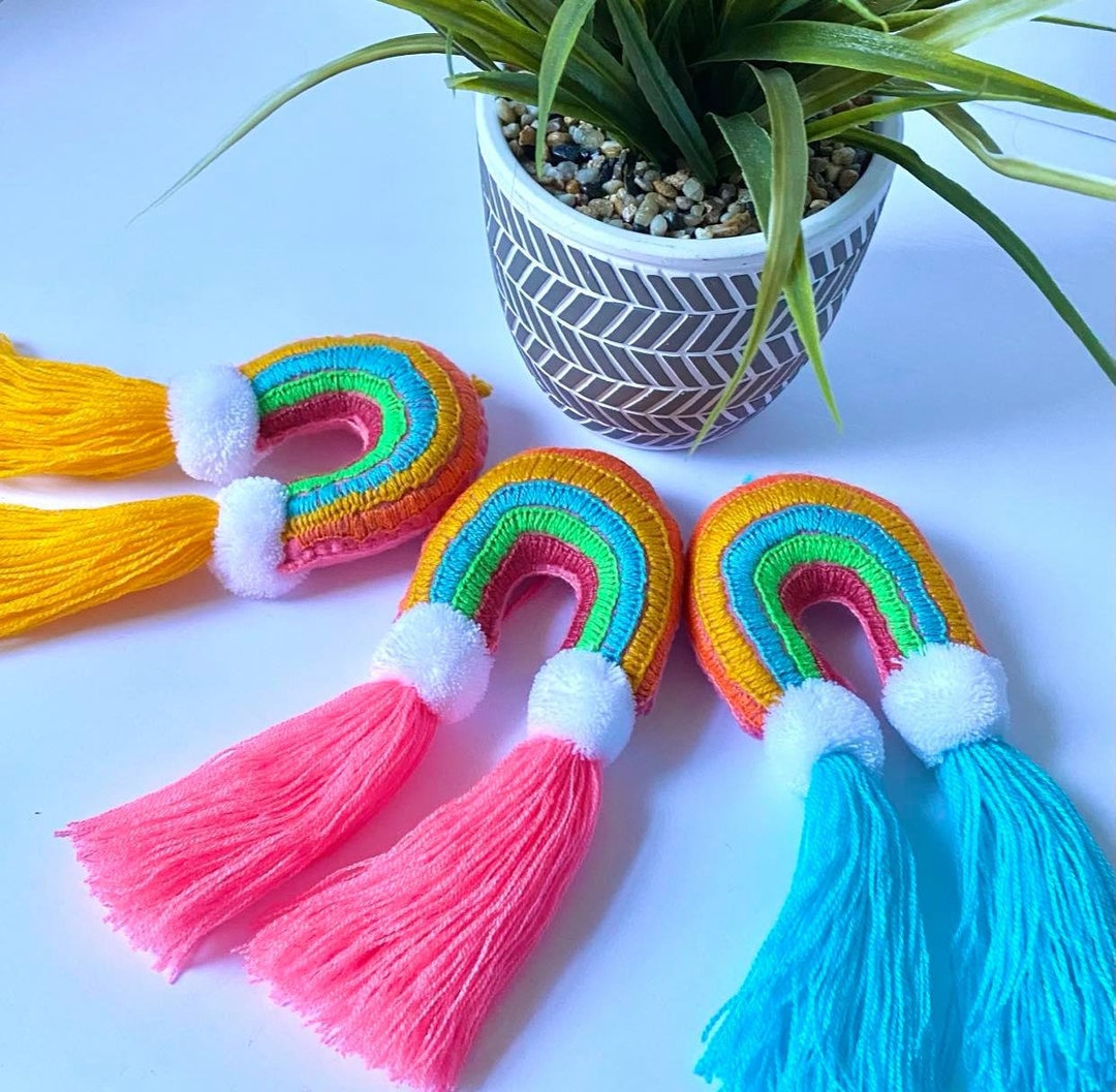 Embroidered Rainbow Tassel Keychain, Colorful Bag Accessory - Etsy