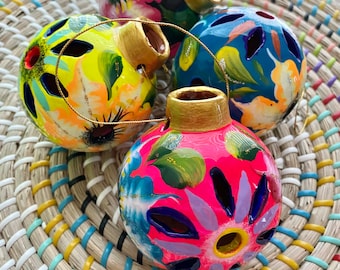 Hand Painted Mexican Christmas Ornaments: Floral Clay Set of 3