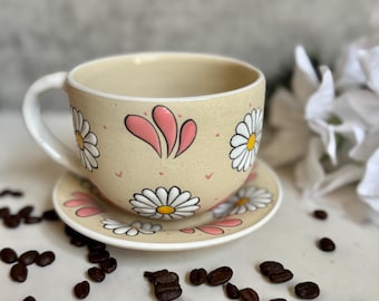 Hand-Painted Ceramic Flower Spring Mug and Plate set: Floral Talavera Design