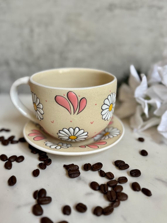 Hand-Painted Ceramic Flower Spring Mug and Plate set: Floral Talavera Design
