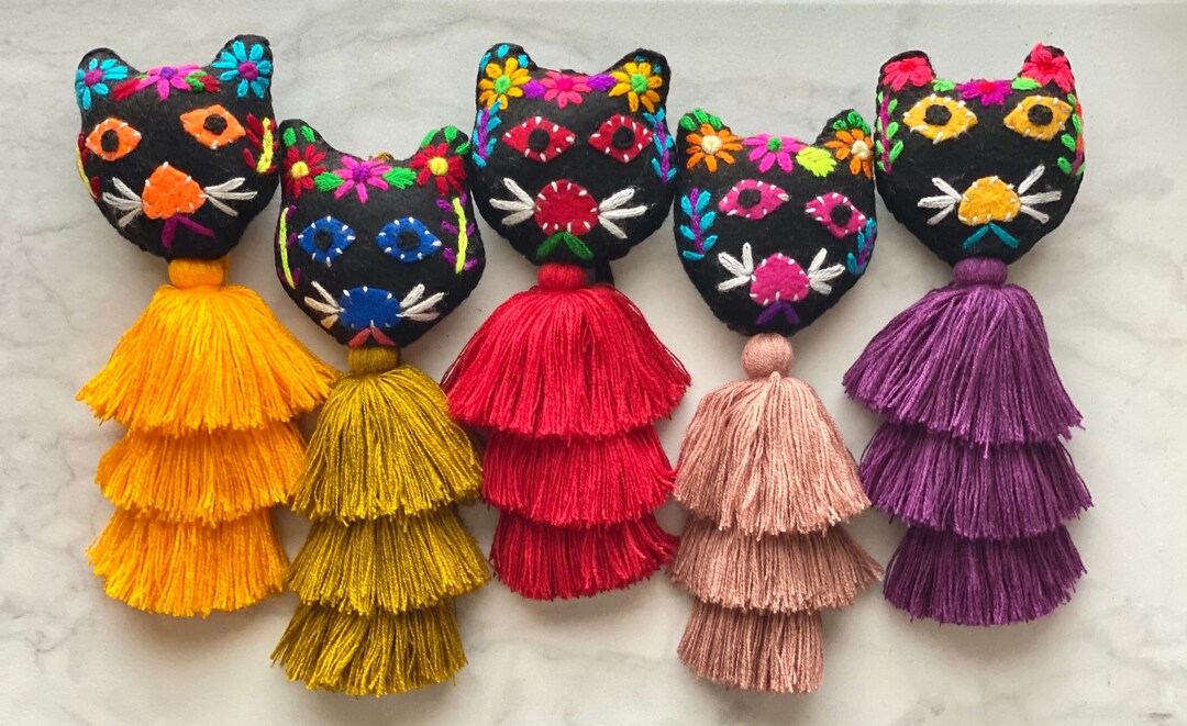 Embroidered Cat Tassel Dia De Los Muertos Gato Cat Gift Etsy