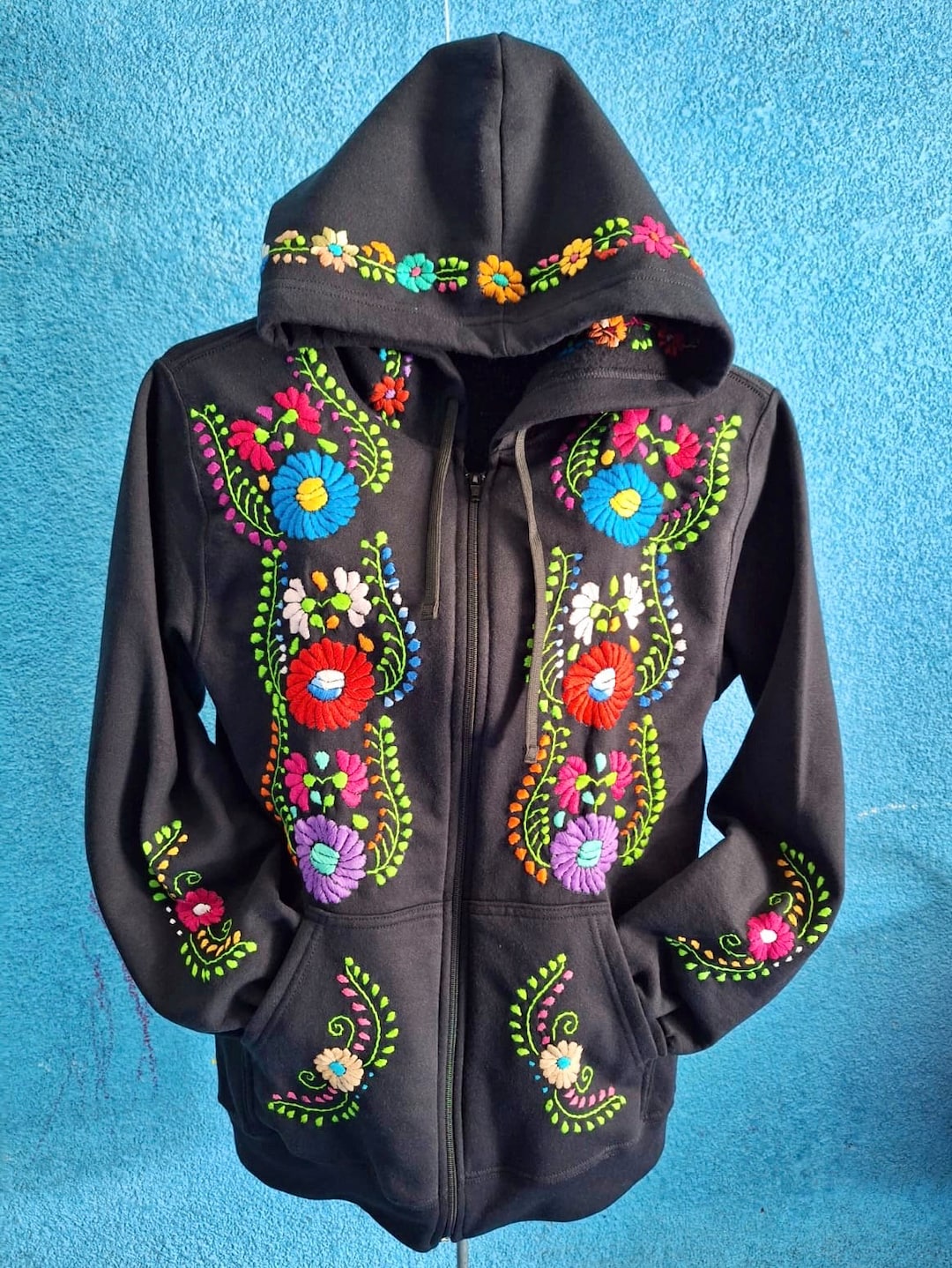 ジャケット・アウター Embroidery Flower Beads Hoodie Hoodie With Floral Embroidery, Zipper Sweatshirt, Mexican