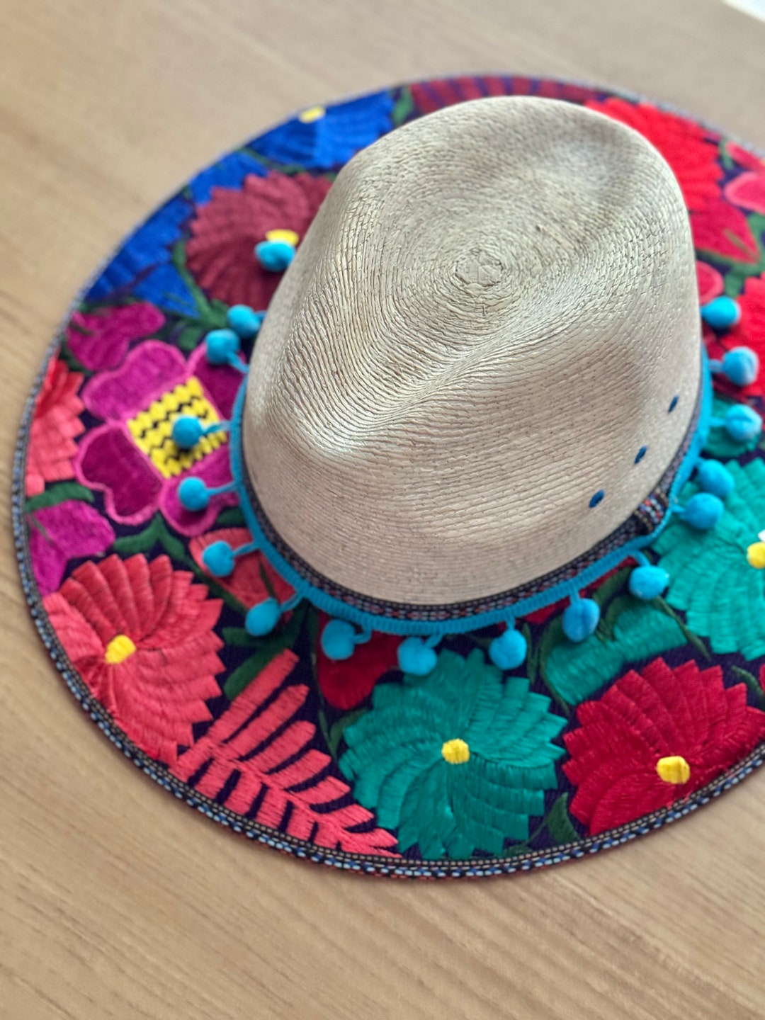 FEDORA Large Mexico‎ Handpainted Blue Bright Florals Hat Size Large Hand-painted Hat from Mexico - Floral - White, Light Blue  main image 4