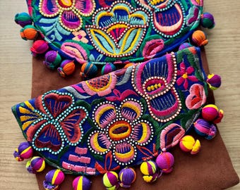 Handmade Floral Embroidered Mexican Clutch Bag with Crossbody Strap