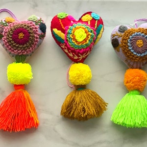 Embroidered Heart Tassel, Valentine’s Day gift, Valentine’s Day decor, Boho heart tassel, Embroidered corazon tassel, Mexican heart tassel