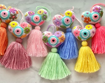 Embroidered Evil Eye Heart Tassel: Handmade Bag Accessory