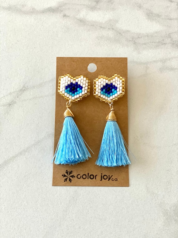 Evil Eye Tassel Earrings: Colorful Ojo Turco Charm, Handmade Jewelry