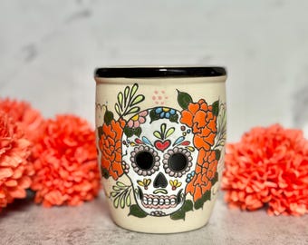 Hand-Painted Ceramic Sugar Skull Mug: Cempasúchil Floral Design