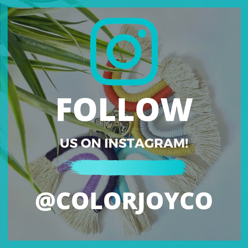 May include: A colorful rainbow macrame wall hanging with tassels. The macrame is made with natural fibers and has a variety of colors, including red, orange, yellow, green, blue, and purple. The wall hanging is hanging from a metal ring. The image also includes the text "FOLLOW US ON INSTAGRAM! @COLORJOYCO".