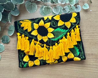 Handmade Floral Embroidered Mexican Clutch Bag with Tassels