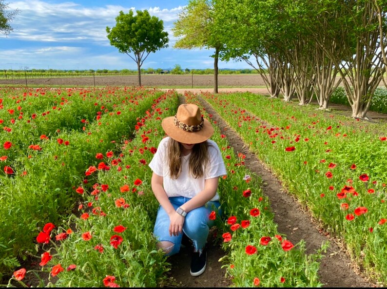 May include: A person wearing a brown hat sits in a field of red poppies. The field is surrounded by green trees and a blue sky.