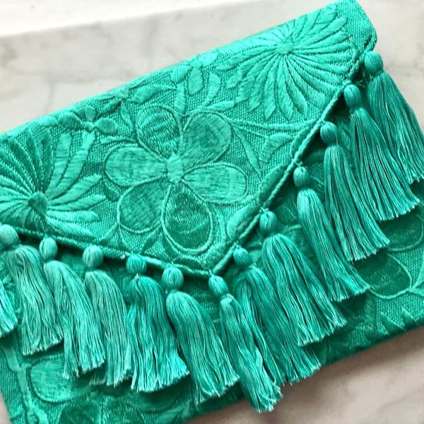 Handmade Floral Embroidered Mexican Clutch Bag with Crossbody Strap