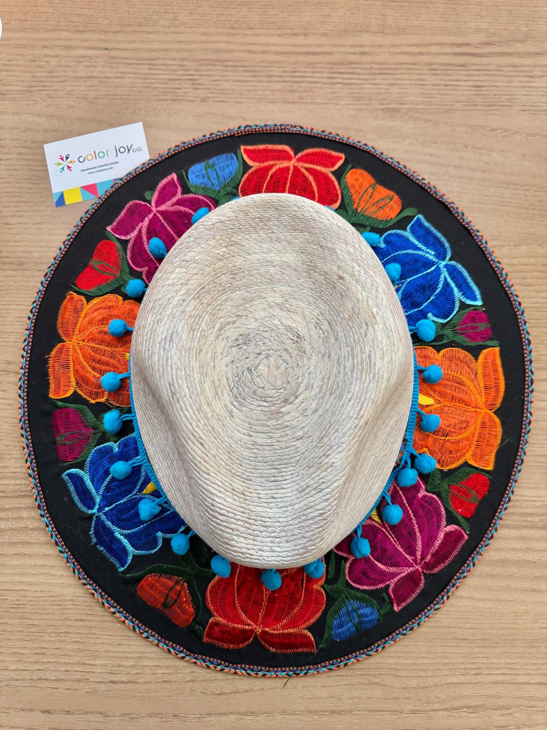 Embroidered Floral Palm Sun Hat: Handmade Mexican Sombrero  display picture 3