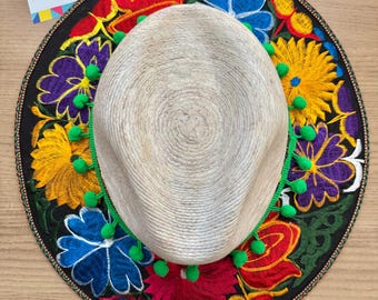 Embroidered Floral Palm Sun Hat: Colorful Mexican Sombrero (Size L)