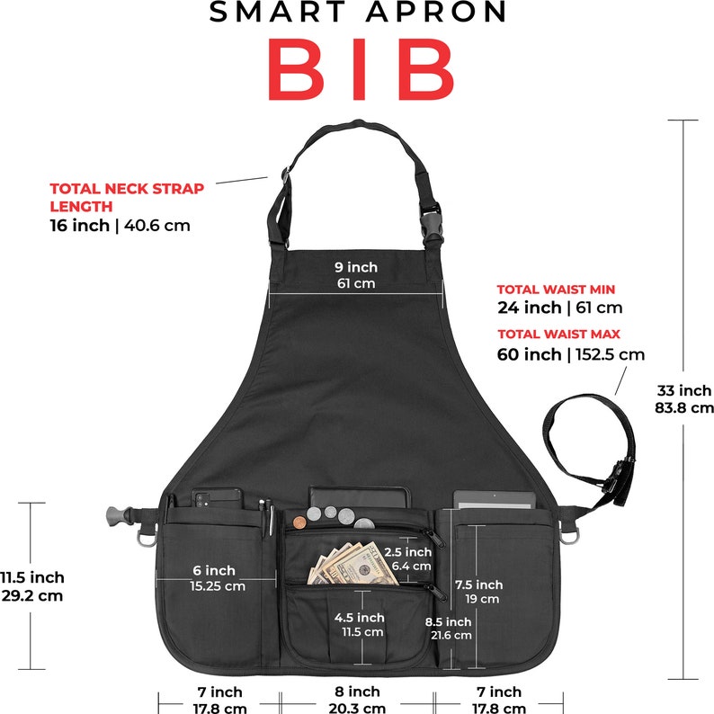 Smart Apron Bib Apron 7 Pockets with Zippers Adjustable Quick-Release Waistband 60 Inches Long, 16 Reinforced Stress Points Waitress Waiter image 2