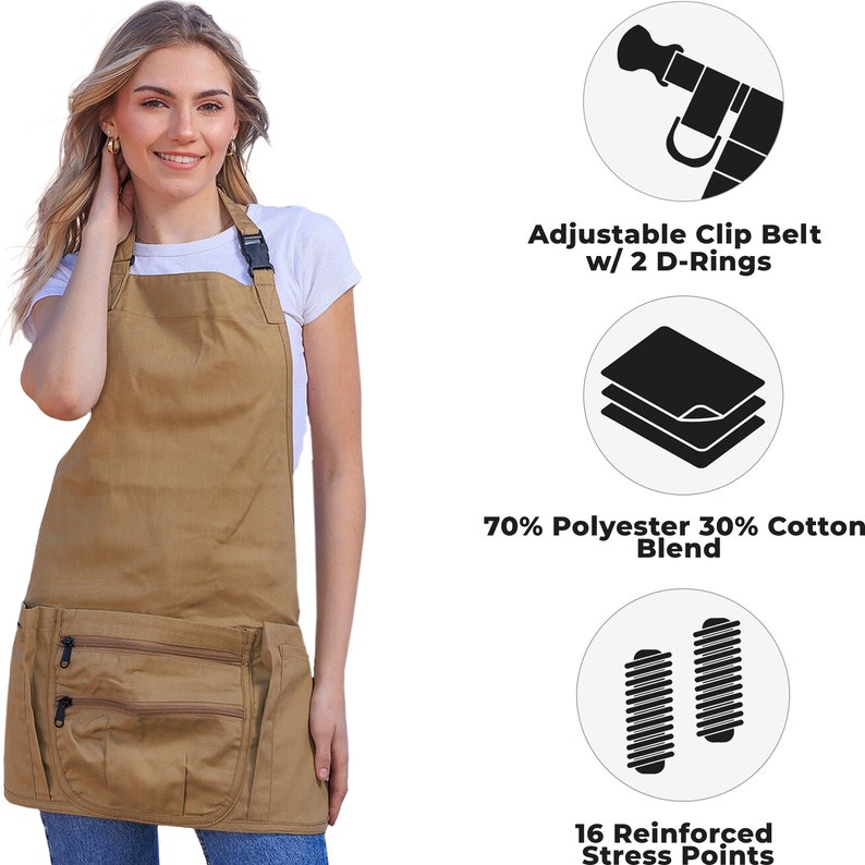 Smart Apron Bib Apron 7 Pockets with Zippers Adjustable Quick-Release Waistband 60 Inches Long, 16 Reinforced Stress Points Waitress Waiter image 3