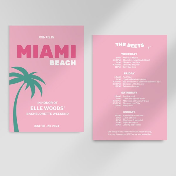 Bachelorette Invite Template Miami Beach | Editable Coastal Weekend Birthday Trip | Hen Do Groovy Pink Party Invite | Tulum Ibiza Costa Rica