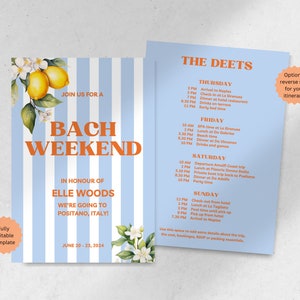 Italian Coastal Bachelorette Invitation | Birthday | Weekend Itinerary | Hens Party | Blue Lemons Canva | Amalfi Miami Capri