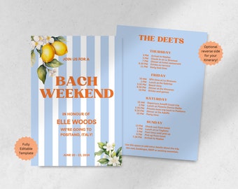 Italian Coastal Bachelorette Invitation | Birthday | Weekend Itinerary | Hens Party | Blue Lemons Canva | Amalfi Miami Capri