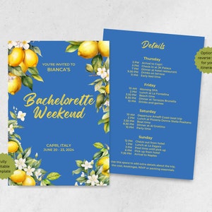Italian Coastal Bachelorette Invitation | Birthday | Itinerary | Hens Party | Blue Lemons Canva | Amalfi Capri | Mediterranean Bridal Shower