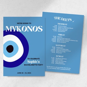 Invito addio al nubilato modello modificabile Canva / Viaggio di compleanno durante il weekend sulla costa / Addio al nubilato / Itinerario di viaggio / Mykonos Grecia Santorini