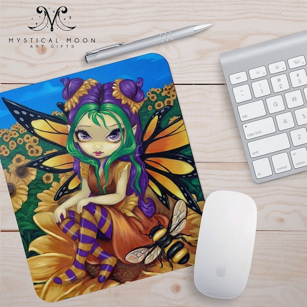 Sunflower Faerie Mousepad / Big Eye Fantasy Art / Jasmine Becket-Griffith / Strangeling / Fairy Tale Mouse Pad / Bumble Bee Friend