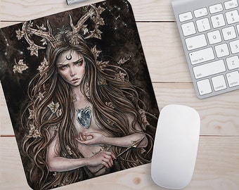 Forest Goddess Mousepad / Moon Child Mousepad / Enys Guerrero / Goth Girl Mousepad / Gothic Art / Greek Goddess / Wolf